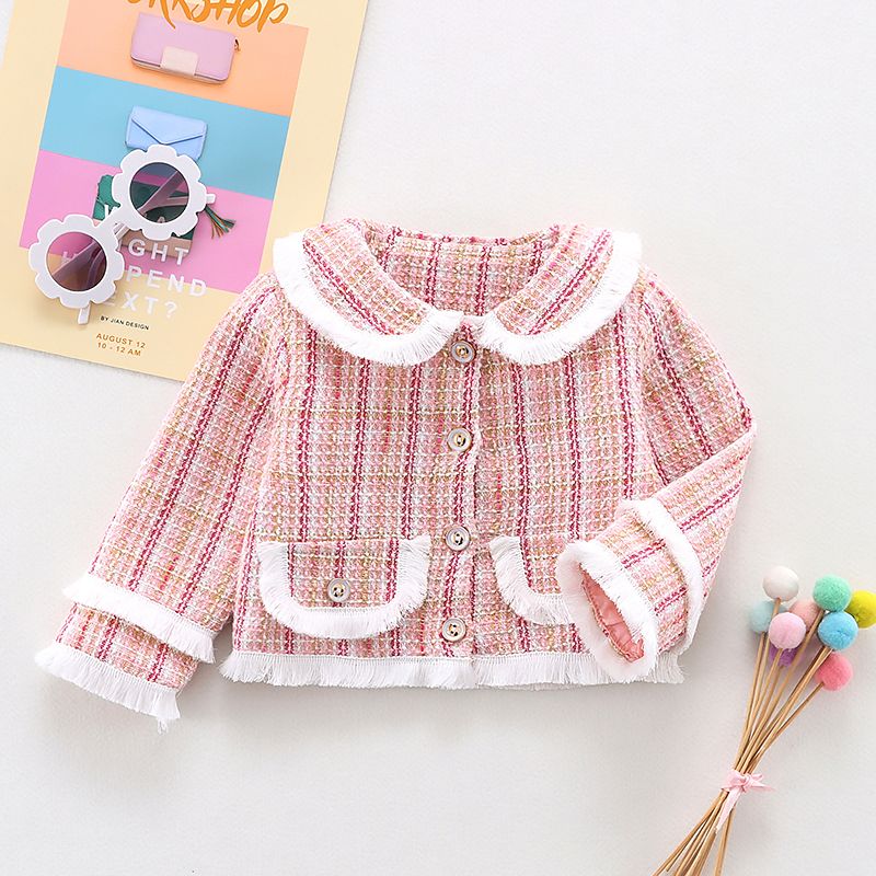 Baby Girl Pink Tweed Fringe Peter Pan Collar Long-sleeve Button Up Jacket Pink