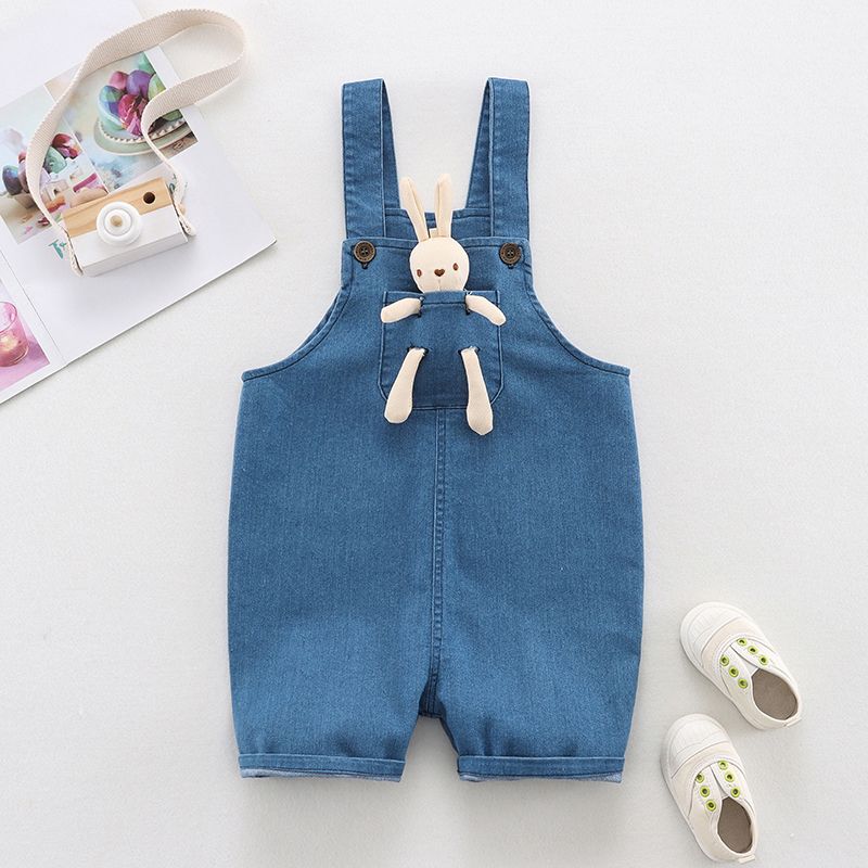 Toddler Boy/Girl Playful Rabbit Doll Decor Denim Overalls Blue