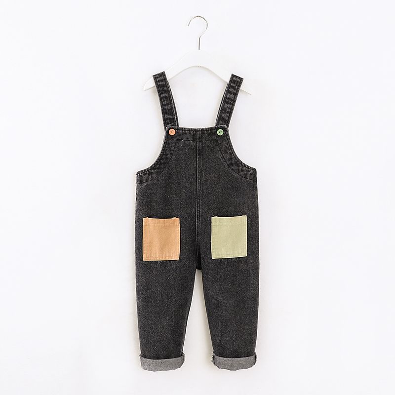 Toddler Boy Colorblock Pocket Design Denim Overalls (Pocket's color is random) Black