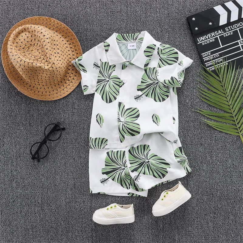 3pcs Baby Boy All Over Lotus Leaf Print Short-sleeve Button Up Shirt and Shorts with Straw Hat Set Green