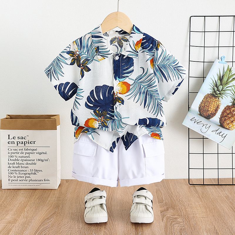 2pcs Toddler Boy Vacation Boho Floral Print Lapel Collar Shirt and Pocket Design Shorts Set Blue