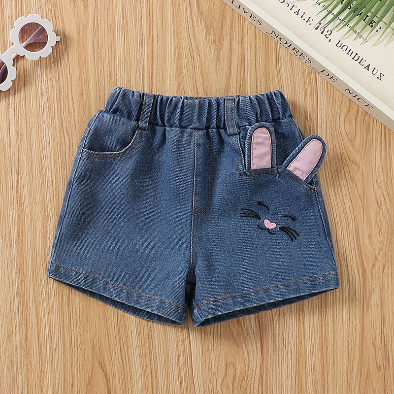 Toddler Girl Rabbit Embroidered Ear Design Denim Shorts Blue