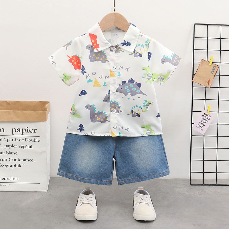 2pcs Toddler Boy Playful Denim Shorts and Dinosaur Print Lapel Collar Shirt Set White