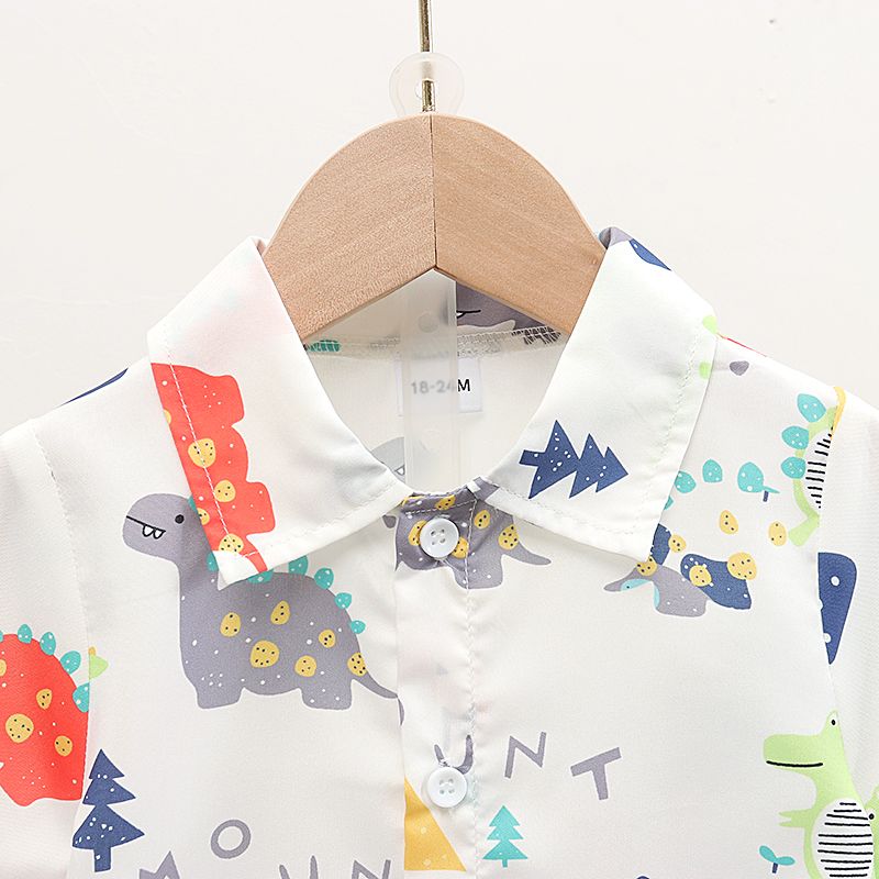 2pcs Toddler Boy Playful Denim Shorts and Dinosaur Print Lapel Collar Shirt Set White big image 4