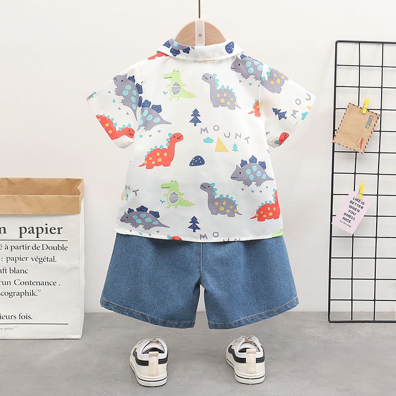 2pcs Toddler Boy Playful Denim Shorts and Dinosaur Print Lapel Collar Shirt Set White big image 2