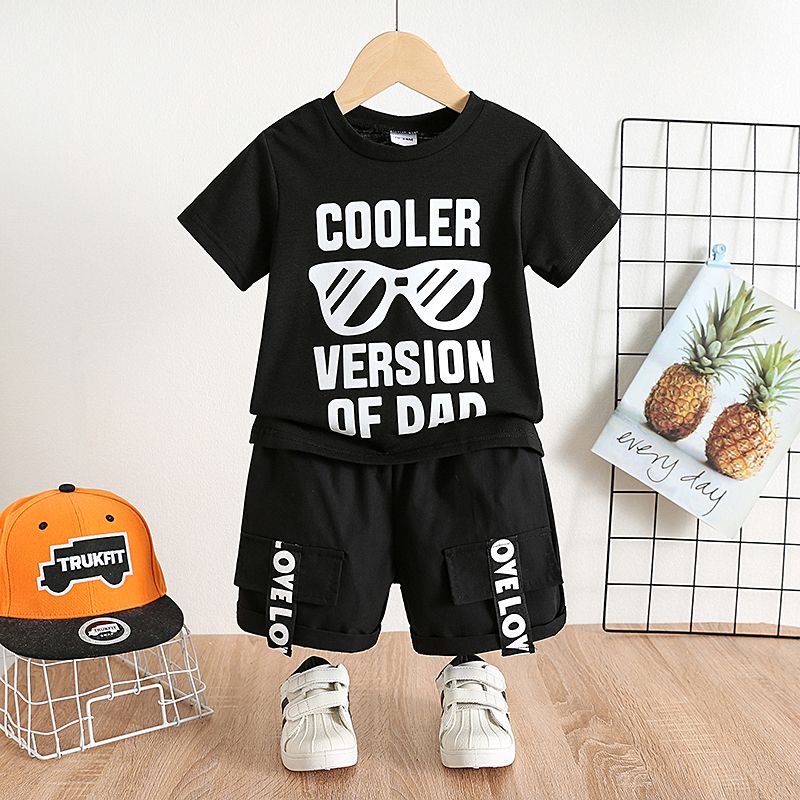 2pcs Toddler Boy Casual Letter Print Black Tee and Cargo Shorts Set Black
