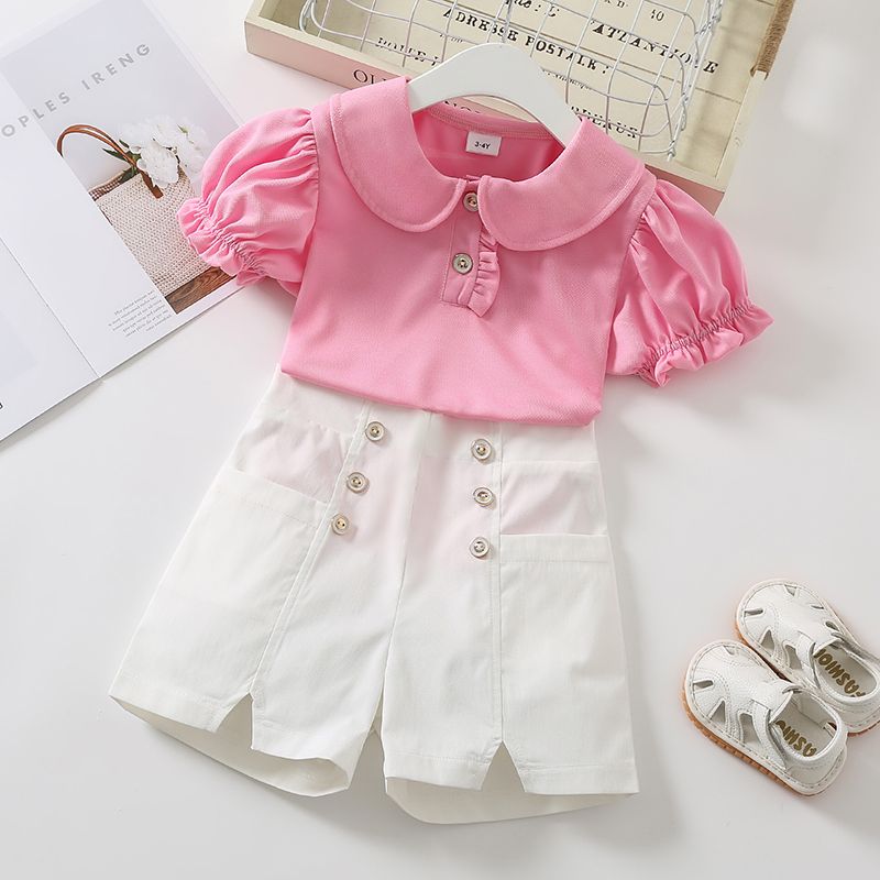 2pcs Toddler Girl Doll Collar Button Design Short-sleeve Pink Tee and White Shorts Set Pink