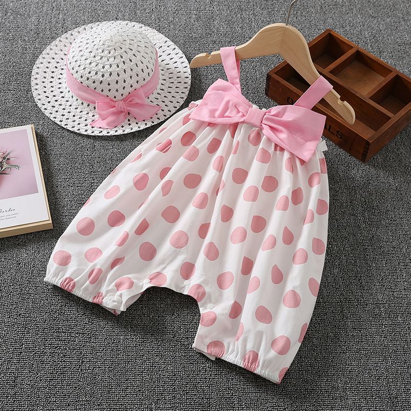 2pcs Baby Girl Bow Front Polka Dots Cami Romper with Hat Set Pink
