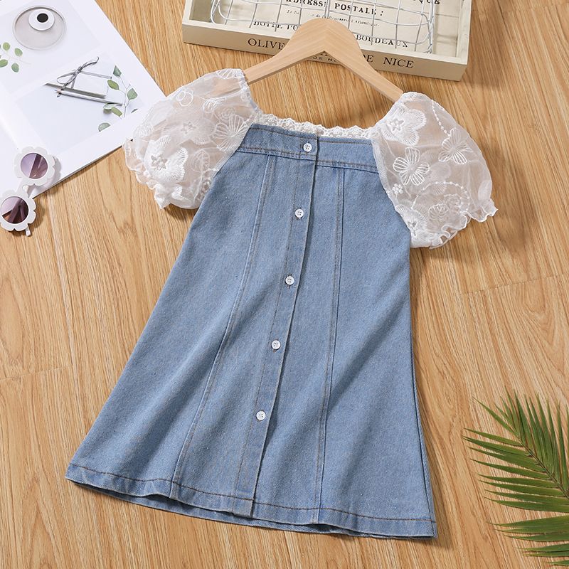 Toddler Girl Lace Denim Splice Button Design Short-sleeve Dress Blue