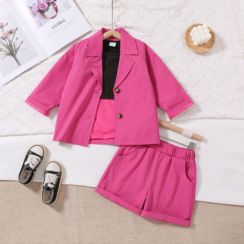 3-Pack Toddler Girl Black Tank Top & Pink Shorts ans Lapel Collar Jacket Set Hot Pink