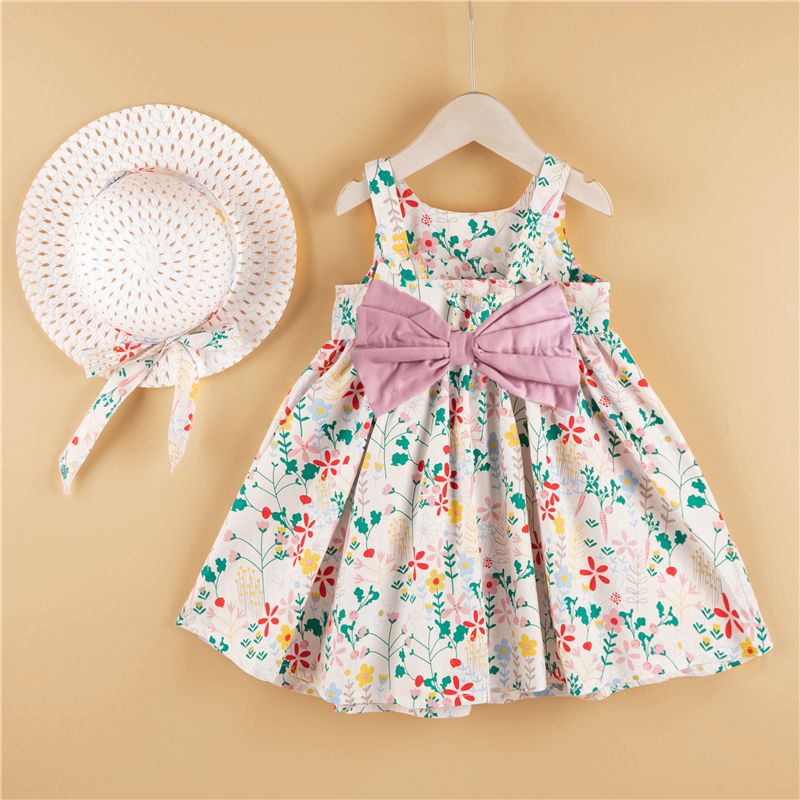 2-piece Baby / Toddler Girl Pretty Floral Print Bowknot Dress and Hat Set  Pink