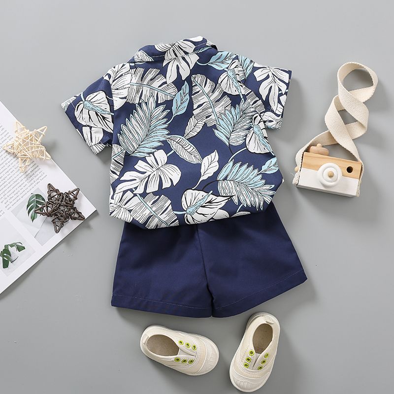 2pcs Baby Boy Bow Tie Decor Allover Palm Leaf Print Short-sleeve Shirt and Solid Shorts Set Tibetanblue big image 2