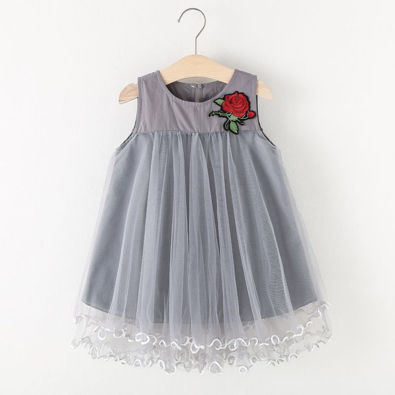 Toddler Girl Floral Embroidered Mesh Design Sleeveless Party Dress Grey big image 1
