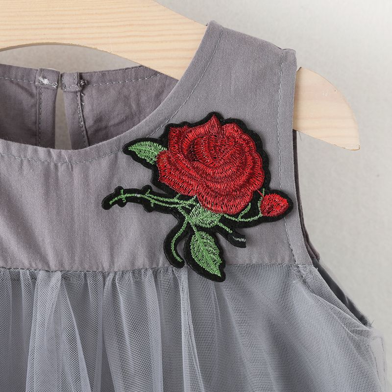 Toddler Girl Floral Embroidered Mesh Design Sleeveless Party Dress Grey big image 4