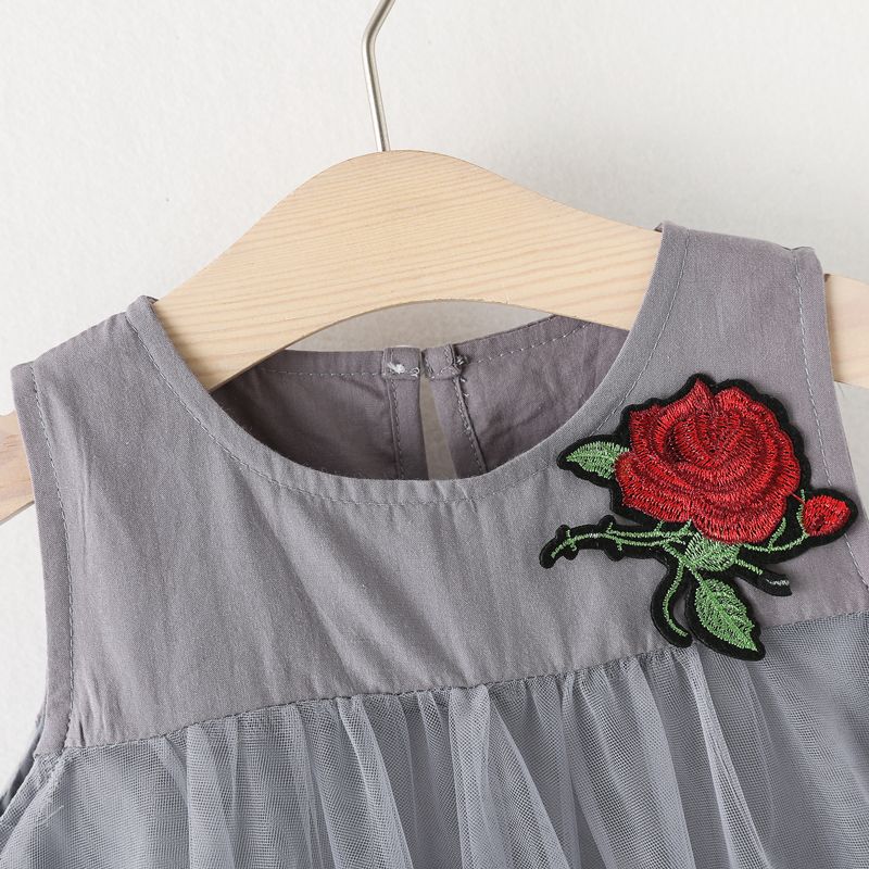 Toddler Girl Floral Embroidered Mesh Design Sleeveless Party Dress Grey big image 3