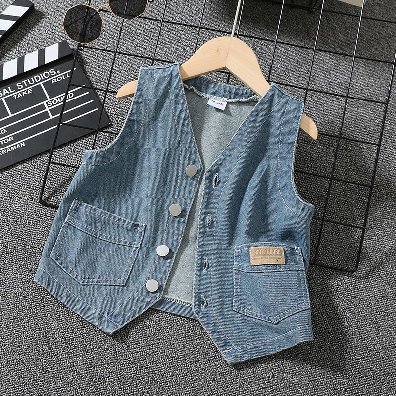 Toddler Boy Trendy 100% Cotton Button Pocket Design Blue Denim Vest Blue big image 1