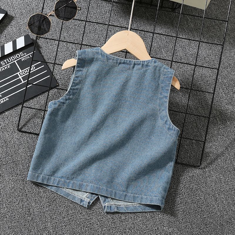 Toddler Boy Trendy 100% Cotton Button Pocket Design Blue Denim Vest Blue big image 2