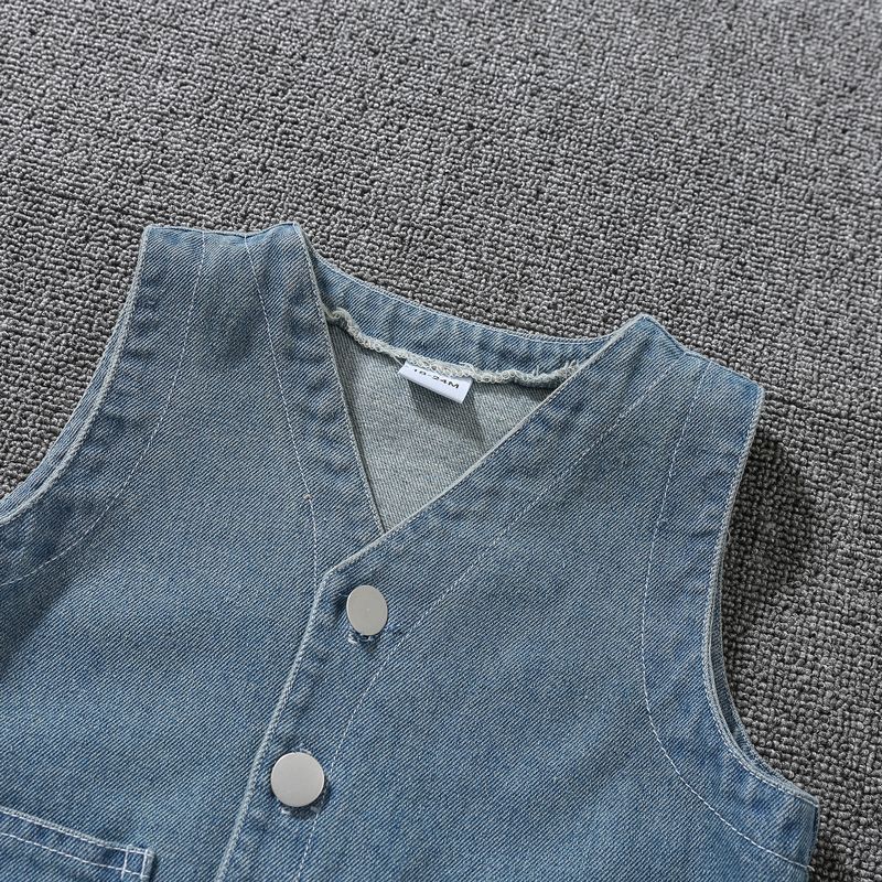 Toddler Boy Trendy 100% Cotton Button Pocket Design Blue Denim Vest Blue big image 6