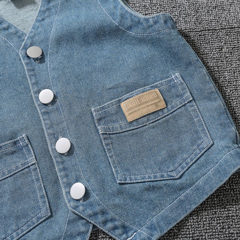 Toddler Boy Trendy 100% Cotton Button Pocket Design Blue Denim Vest Blue big image 7