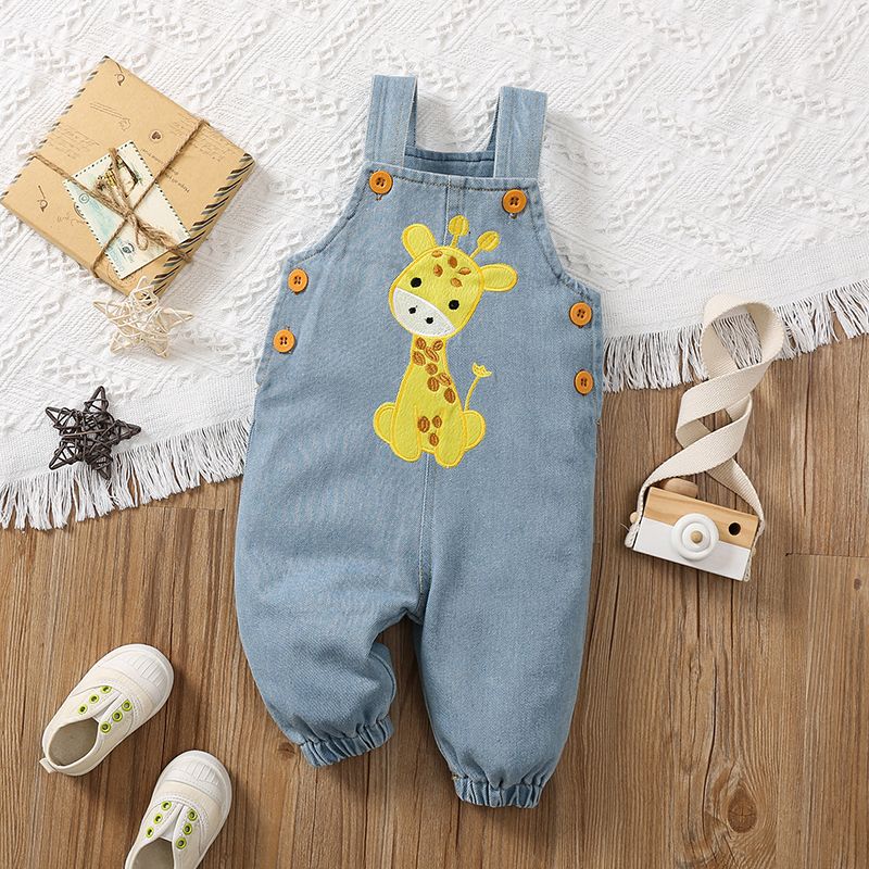 Baby Boy/Girl 95% Cotton Cartoon Giraffe Embroidered Denim Overalls Blue