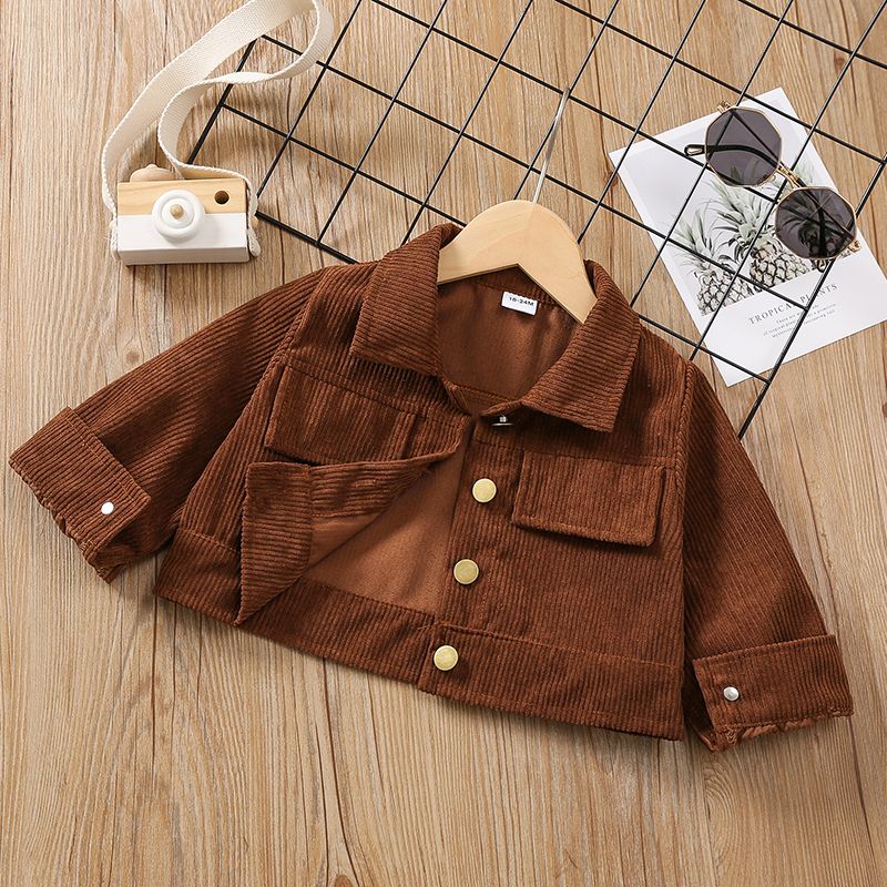 Toddler Girl Solid Color Lapel Collar Button Design Corduroy Jacket Brown