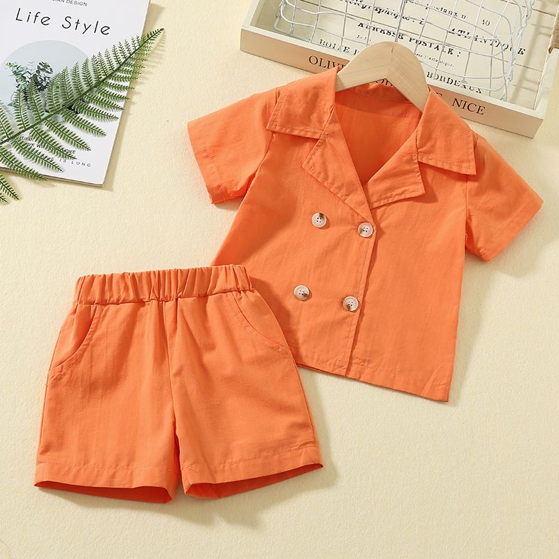 2pcs Toddler Girl 100% Cotton Notched Collar Button Design Short-sleeve Orange Shirt and Shorts Suit Set Orange big image 1