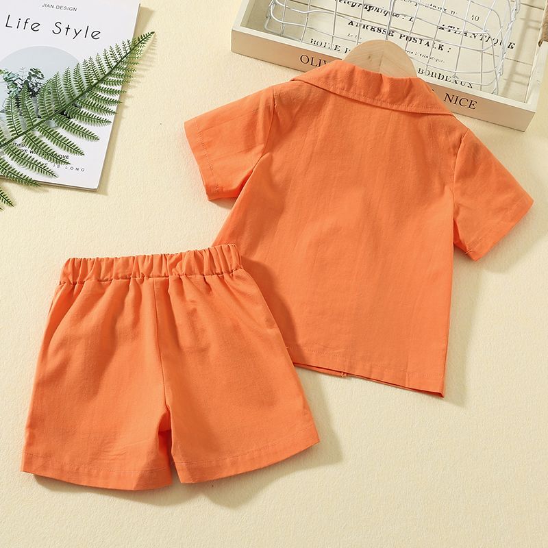 2pcs Toddler Girl 100% Cotton Notched Collar Button Design Short-sleeve Orange Shirt and Shorts Suit Set Orange big image 3