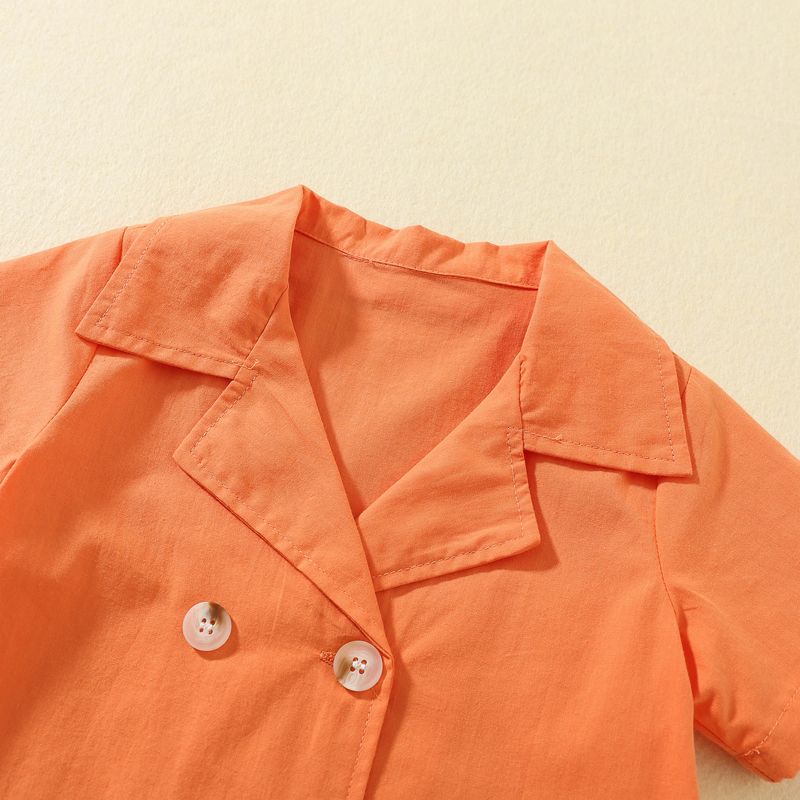2pcs Toddler Girl 100% Cotton Notched Collar Button Design Short-sleeve Orange Shirt and Shorts Suit Set Orange big image 5