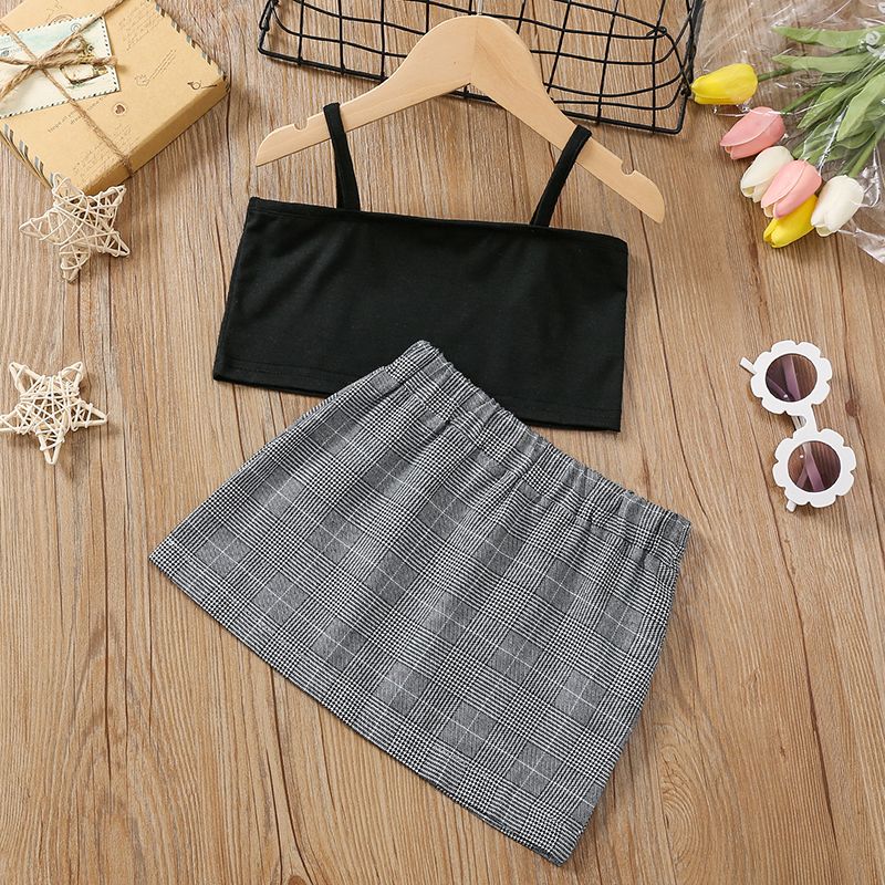 2pcs Toddler Girl Black Camisole Tube Top and Plaid Skirt Set Multi-color