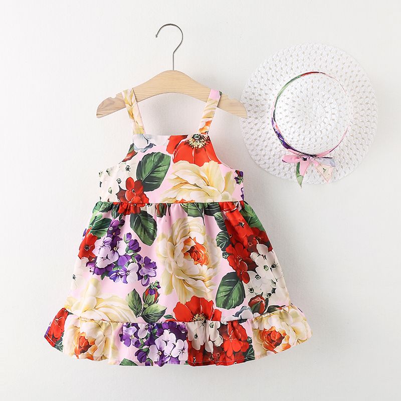 2pcs Toddler Girl Floral Print Cami Dress and Straw Hat Set Multi-color