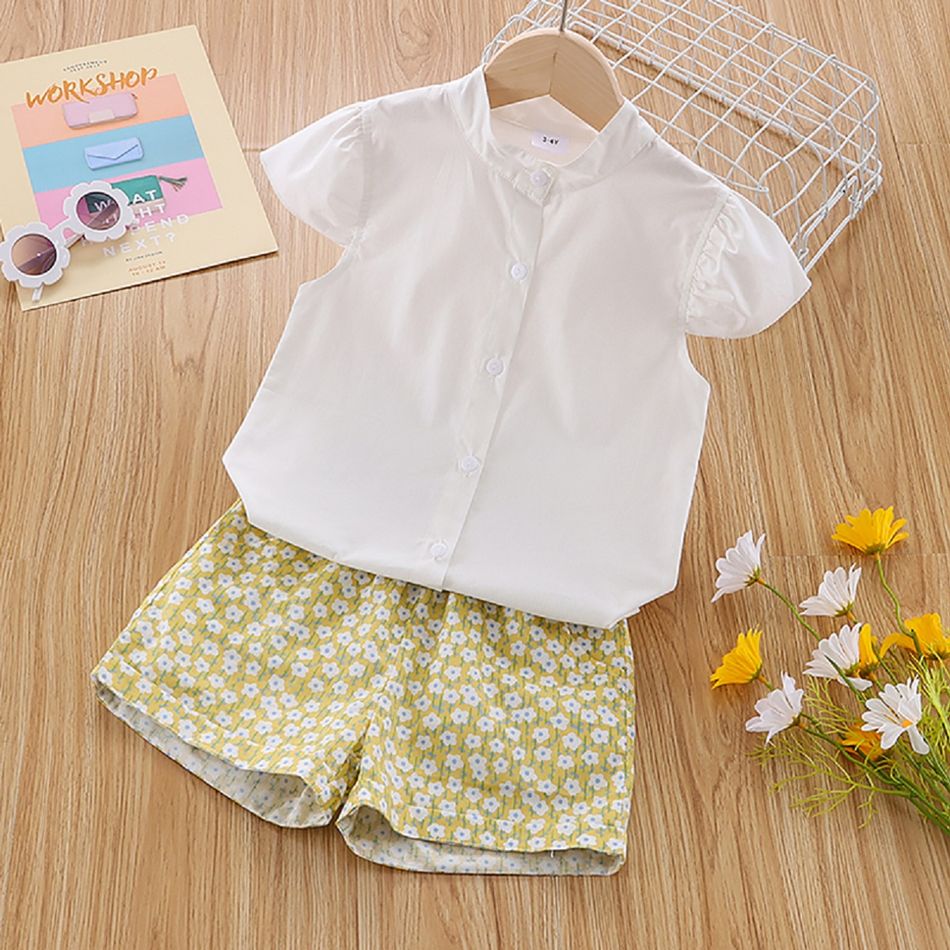 2pcs Toddler Girl Button Design Flutter-sleeve White Shirt and Floral Print Shorts Set Multi-color big image 1
