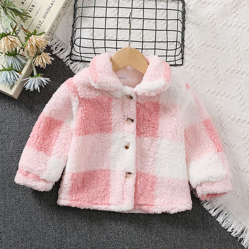Toddler Girl Sweet Plaid Lapel Collar Fleece Jacket Pink