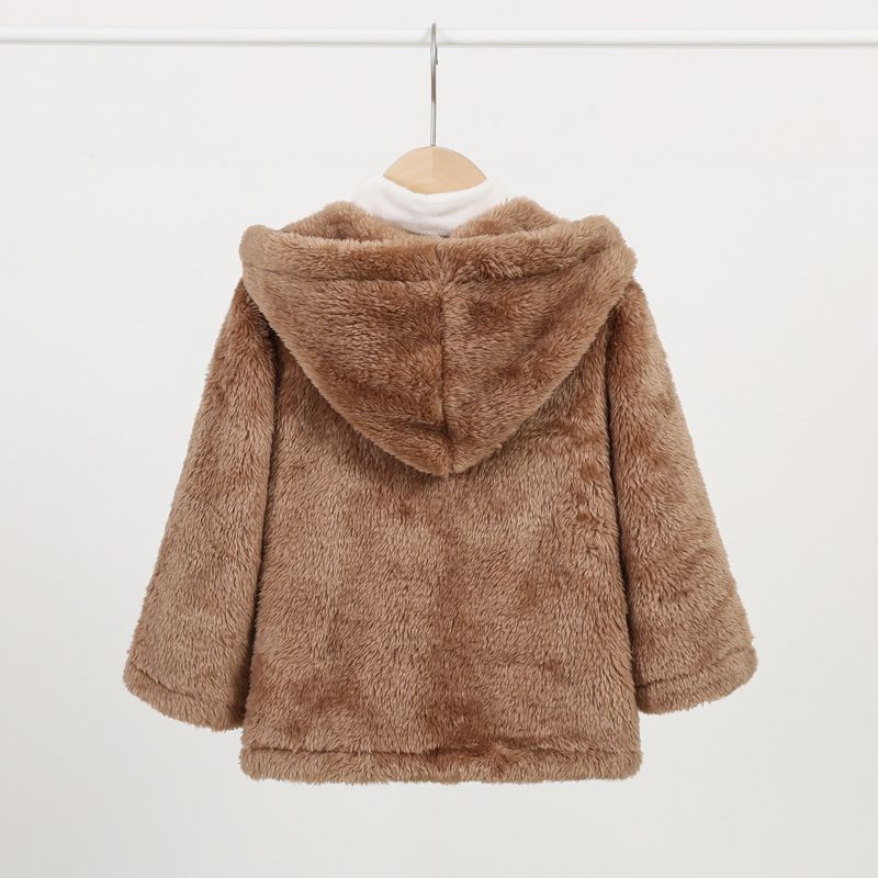 Toddler Girl/Boy Basic Solid Color Polar Fleece Hooded Coat Brown big image 2