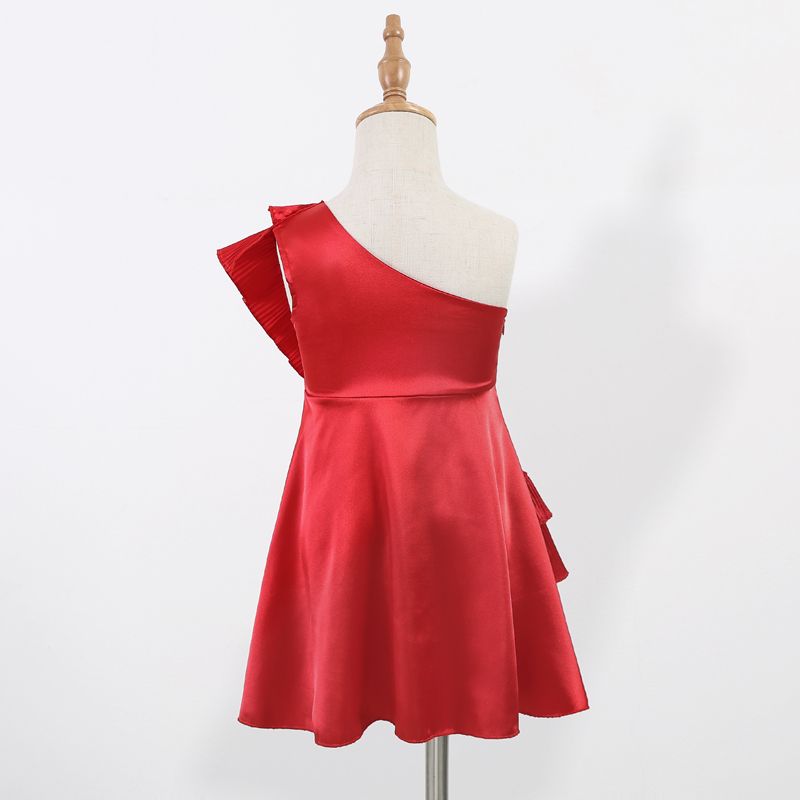 Toddler Girl Sweet One Shoulder Flounce Sleeveless Red Party Evening Dress Red big image 2