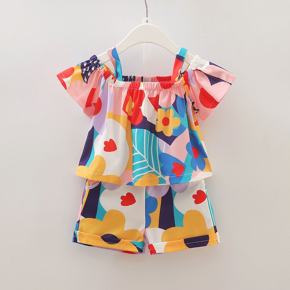 2pcs Baby Girl Colorful Floral Print Cold Shoulder Short-sleeve Top and Shorts Set Multi-color