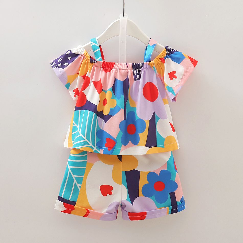 2pcs Baby Girl Colorful Floral Print Cold Shoulder Short-sleeve Top and Shorts Set Multi-color big image 2