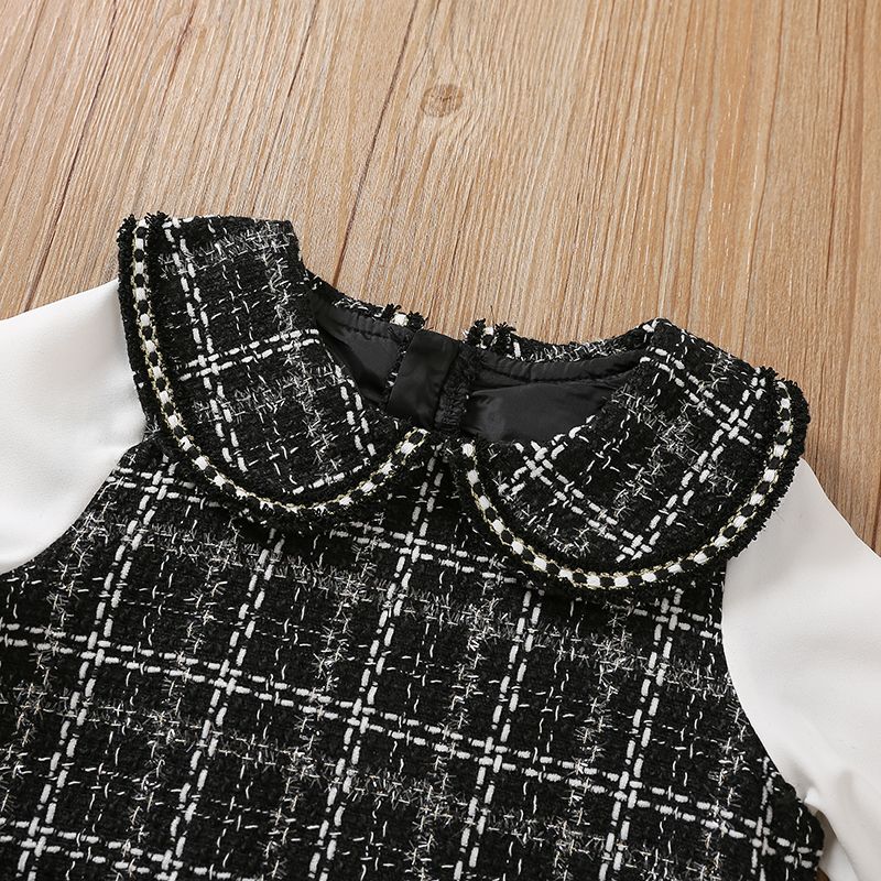 Toddler Girl Elegant Tweed Doll Collar Plaid Splice Long-sleeve Dress Black big image 3