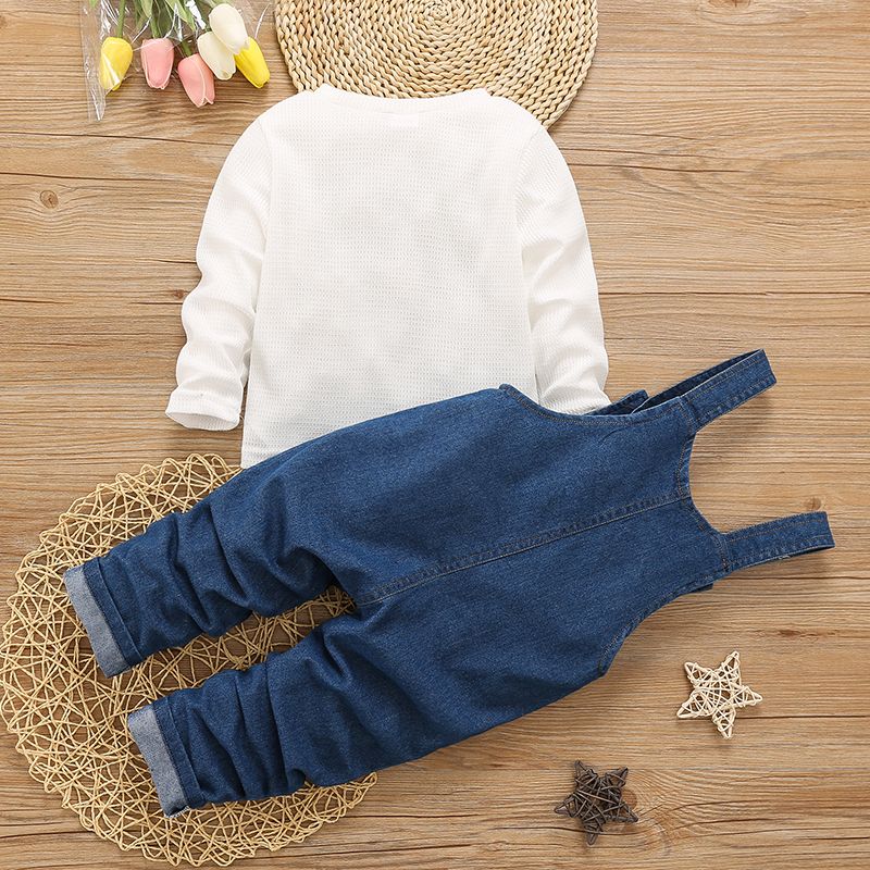 2pcs Toddler Boy Waffle Long-sleeve White Tee and Dog Patch Embroidered Denim Overalls Set Blue big image 2
