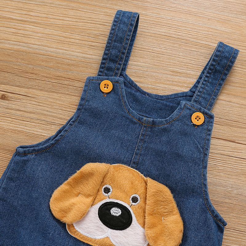 2pcs Toddler Boy Waffle Long-sleeve White Tee and Dog Patch Embroidered Denim Overalls Set Blue big image 5