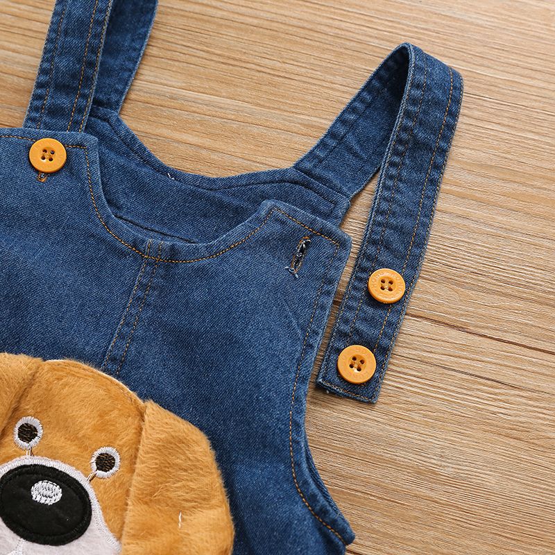 2pcs Toddler Boy Waffle Long-sleeve White Tee and Dog Patch Embroidered Denim Overalls Set Blue big image 6