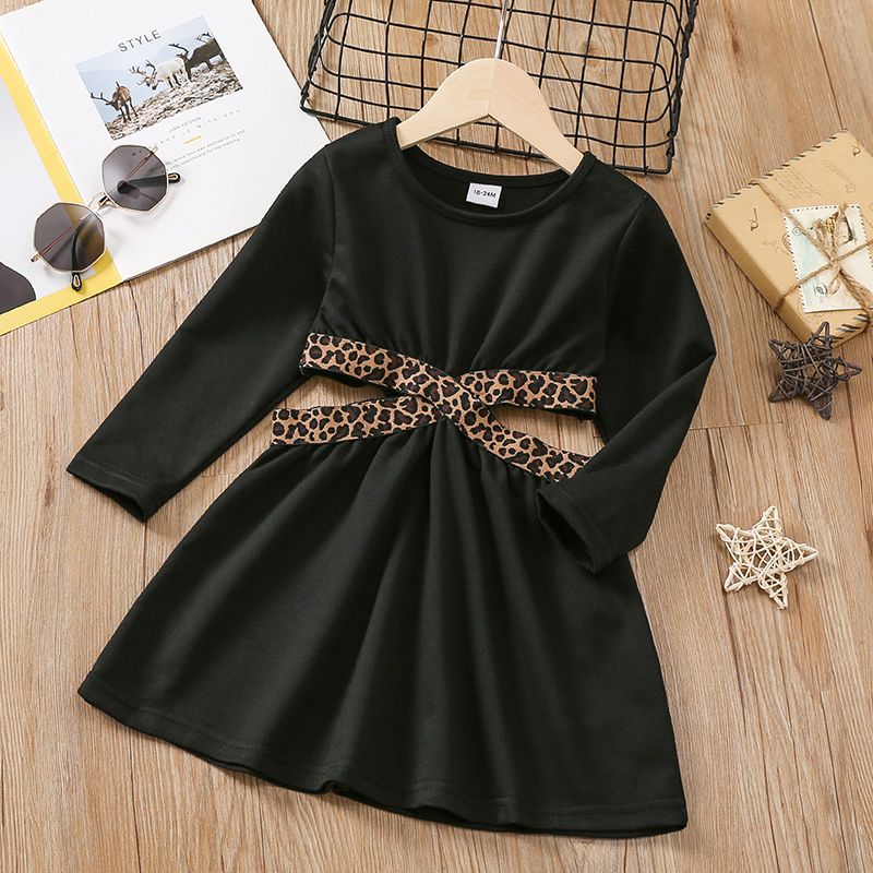 طفلة صغيرة العصرية طباعة الفهد قطع فستان طويل الأكمام أسود