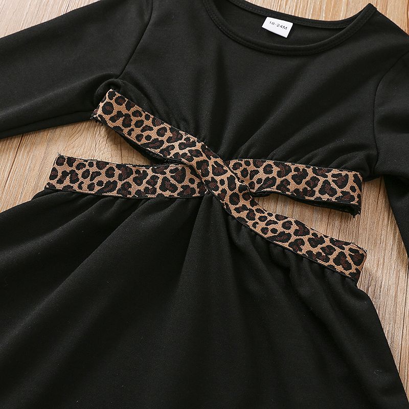 طفلة صغيرة العصرية طباعة الفهد قطع فستان طويل الأكمام أسود big image 4