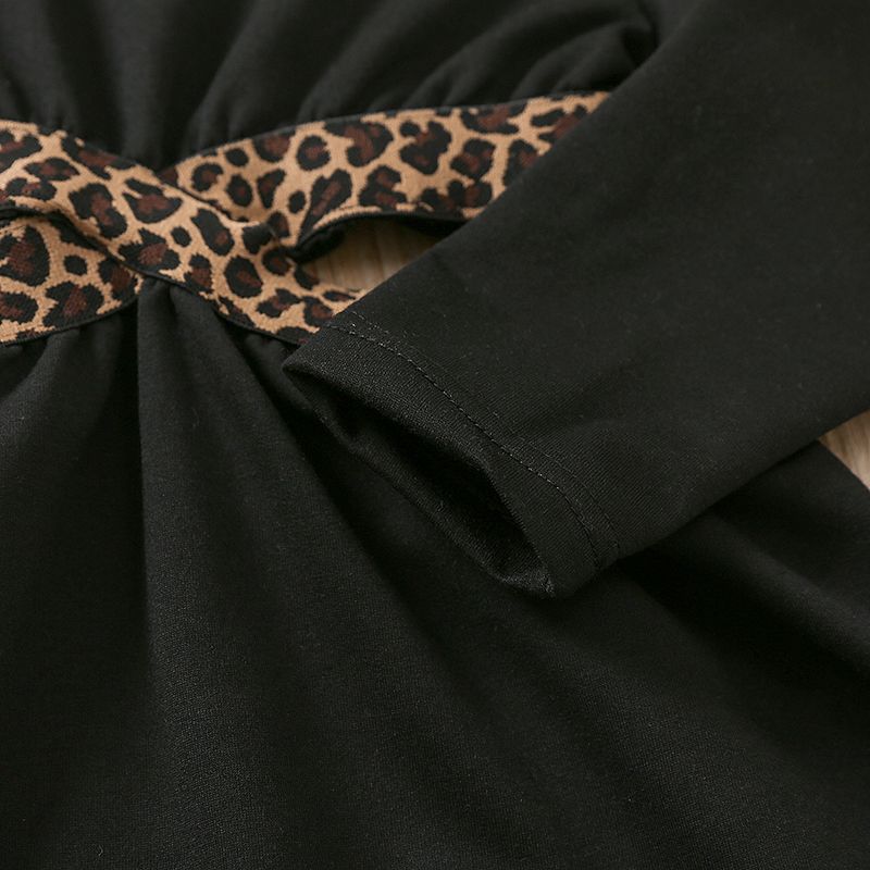 طفلة صغيرة العصرية طباعة الفهد قطع فستان طويل الأكمام أسود big image 5