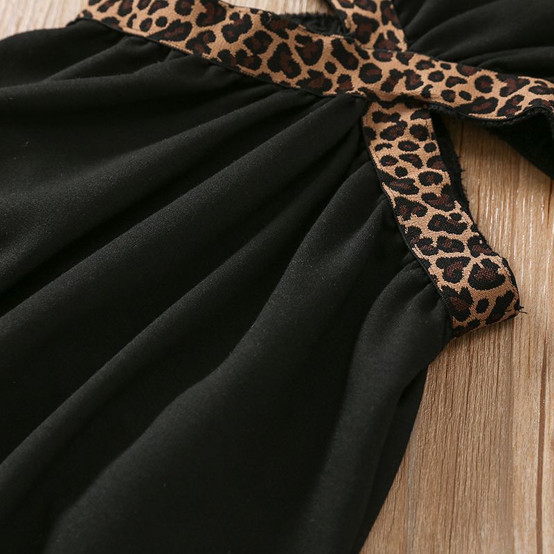 طفلة صغيرة العصرية طباعة الفهد قطع فستان طويل الأكمام أسود big image 7