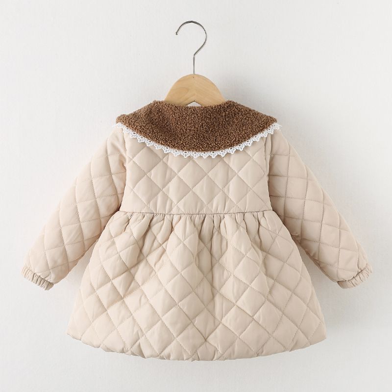 Toddler Girl Fleece Doll Collar Ruffled Button Design Coat Apricot big image 2