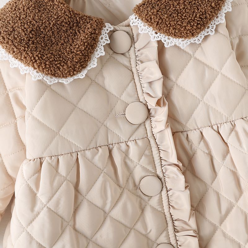 Toddler Girl Fleece Doll Collar Ruffled Button Design Coat Apricot big image 4