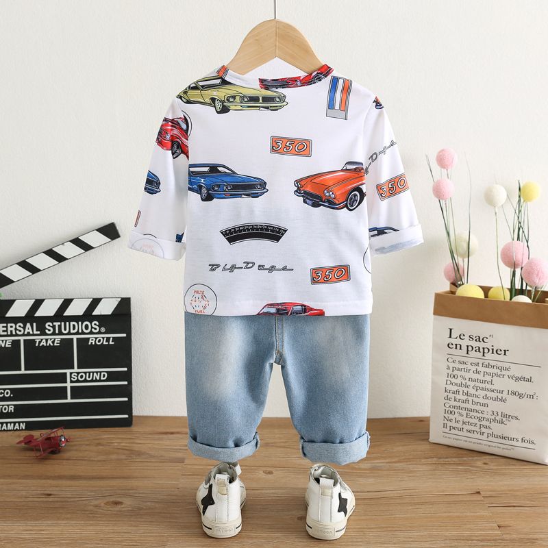 2pcs Baby Boy 95% Cotton Jeans and Allover Vehicle Print Long-sleeve Tee Set OffWhite big image 2