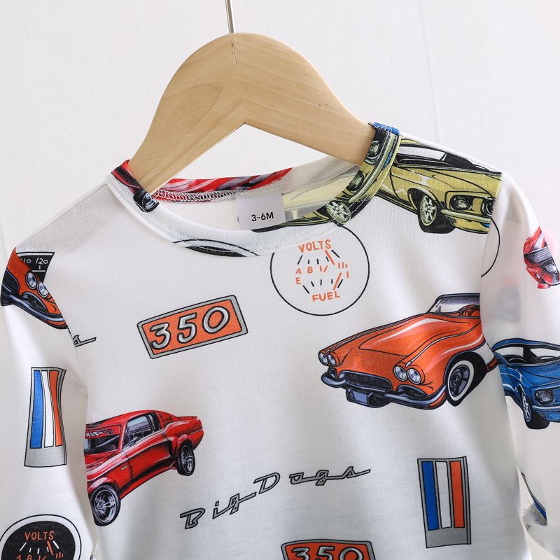 2pcs Baby Boy 95% Cotton Jeans and Allover Vehicle Print Long-sleeve Tee Set OffWhite big image 3