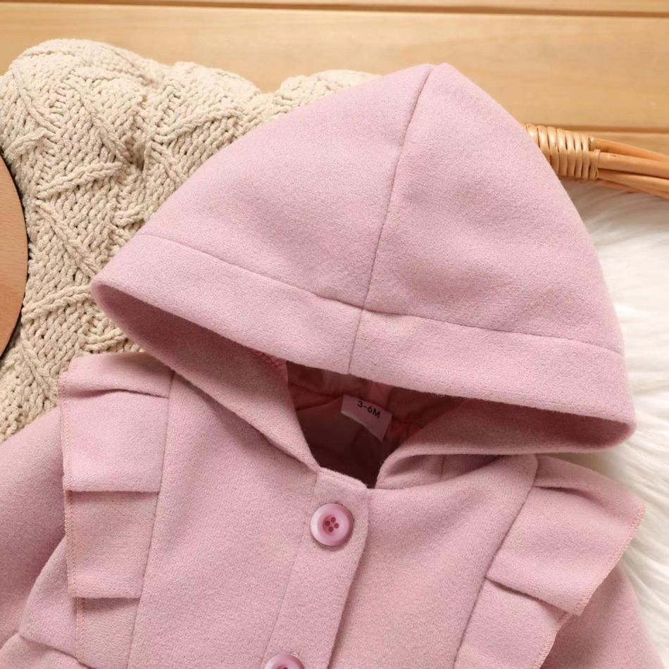 Baby Girl Pink Ruffle Trim Single Breasted Hooded Long-sleeve Coat Pink big image 3
