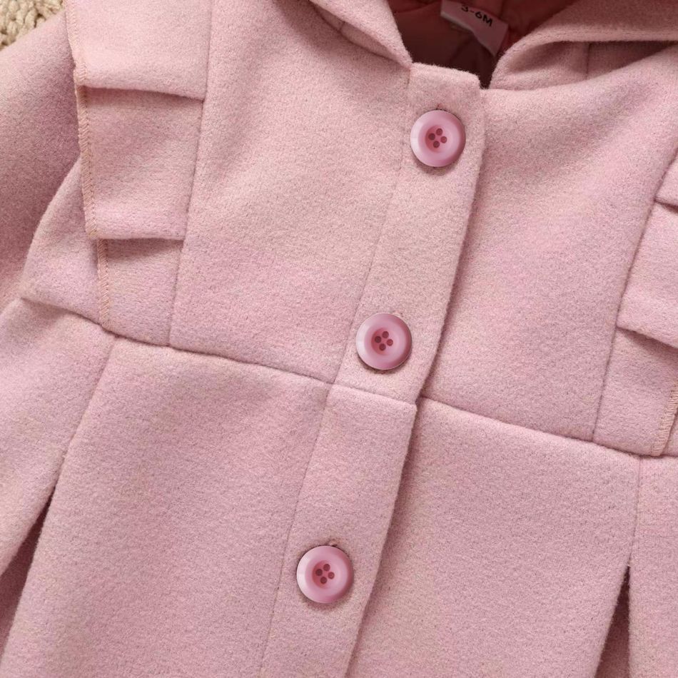 Baby Girl Pink Ruffle Trim Single Breasted Hooded Long-sleeve Coat Pink big image 4